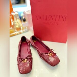 Valentino Garavani Burgundy Ballet Flats with Gold Logo